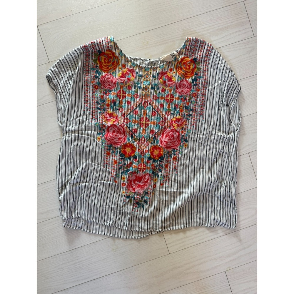 Savanna Jane Women's 3X Top White Black Striped Colorful Floral Embroidered Boho